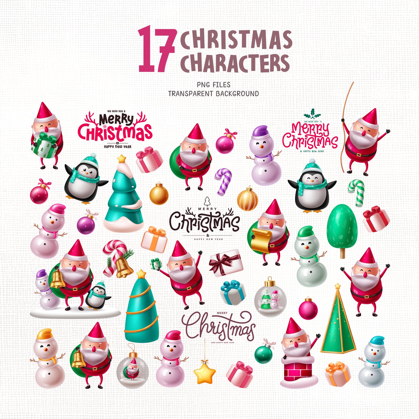 Glossy Christmas PNG Clipart Bundle with Cute Santa Claus
