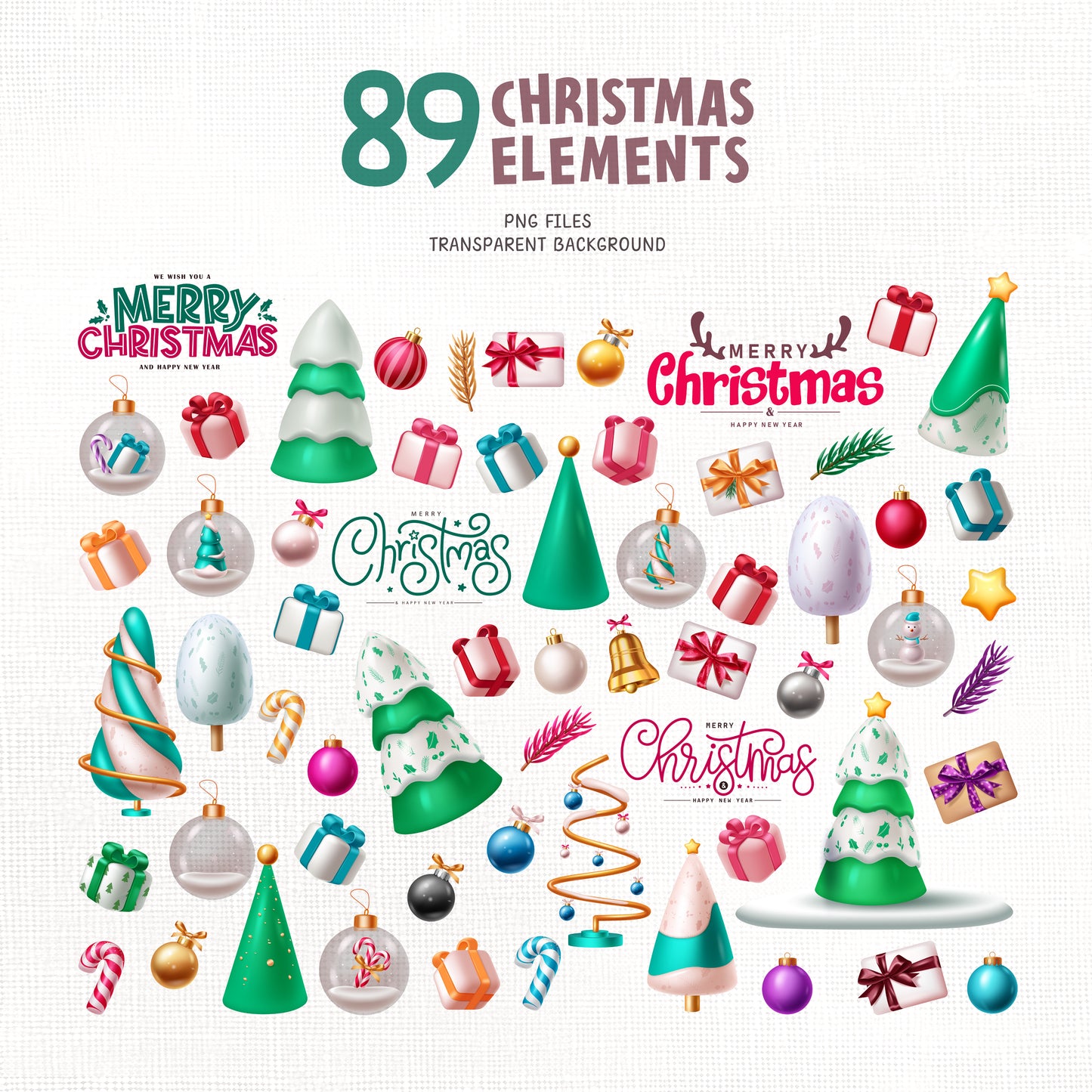 Glossy Christmas PNG Clipart Bundle with Cute Santa Claus