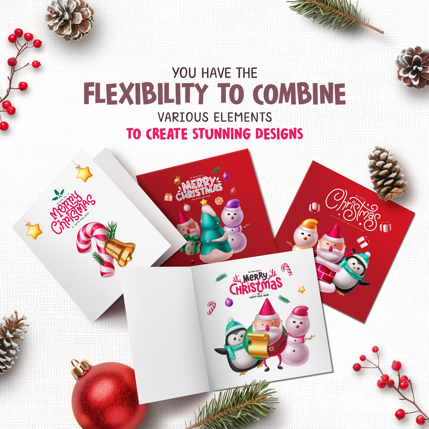 Glossy Christmas PNG Clipart Bundle with Cute Santa Claus