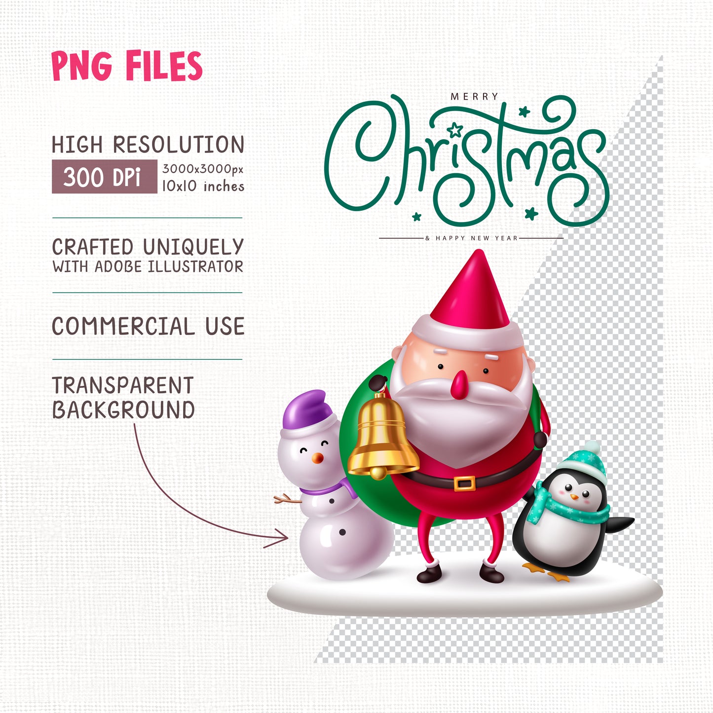 Glossy Christmas PNG Clipart Bundle with Cute Santa Claus