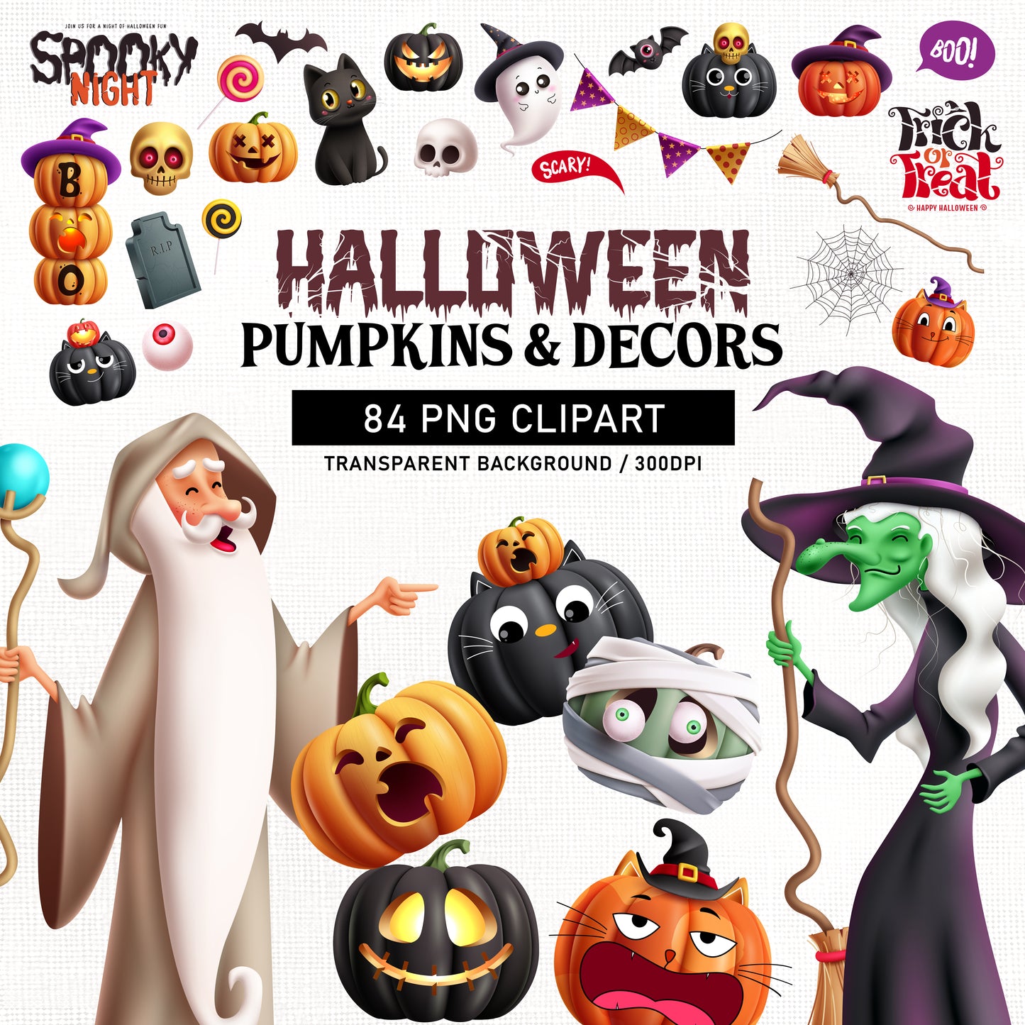 Halloween Pumpkin Clipart PNG Bundle with Halloween Characters