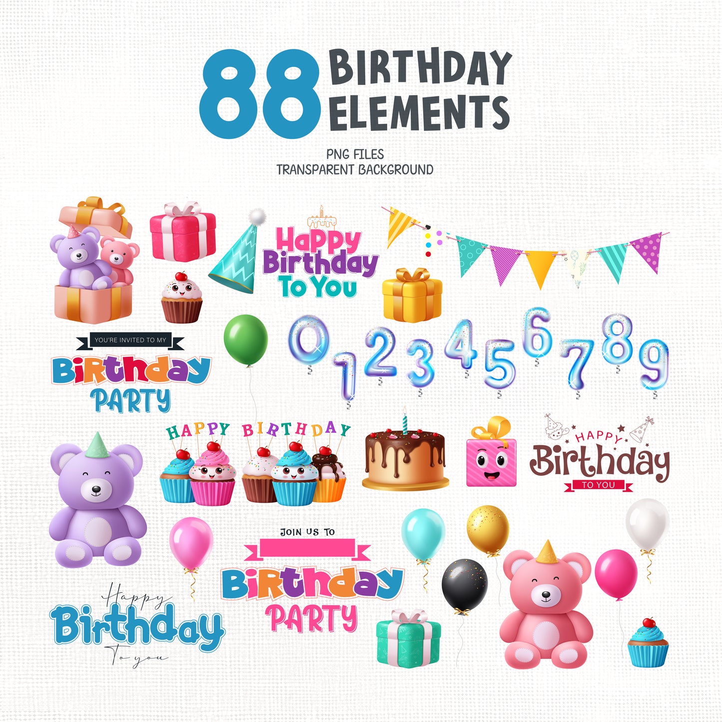 Happy Birthday Clipart PNG Bundle with Gifts and Decors.