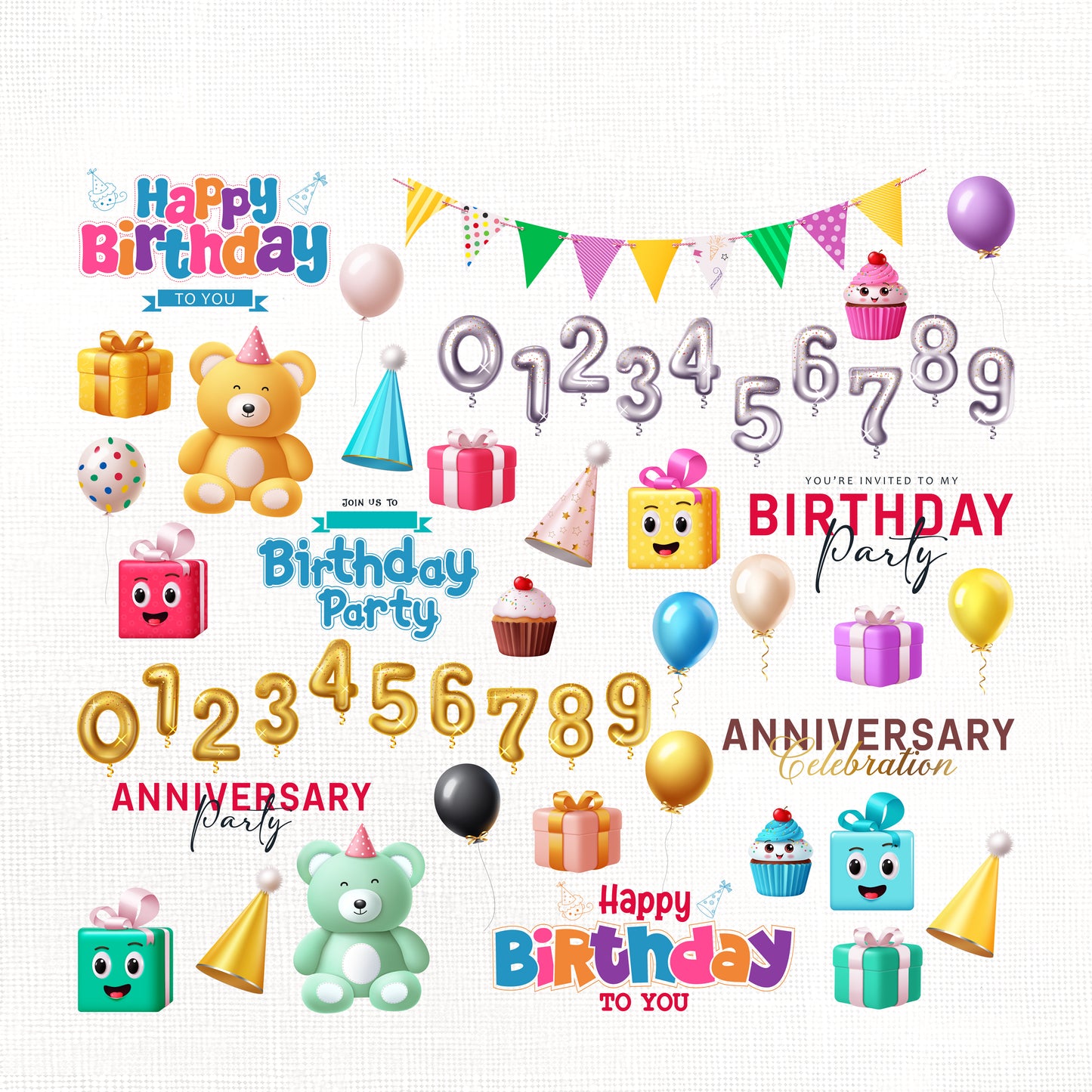 Happy Birthday Clipart PNG Bundle with Gifts and Decors.