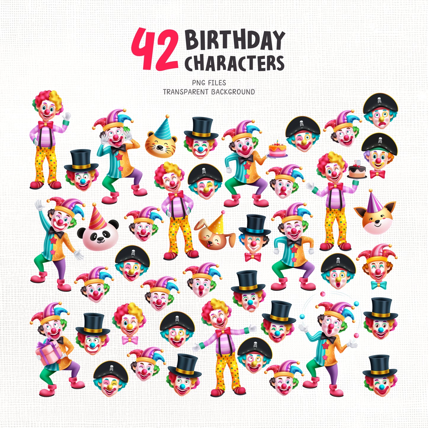 Birthday Clown Clipart PNG Bundle with Party Clown and Decors.