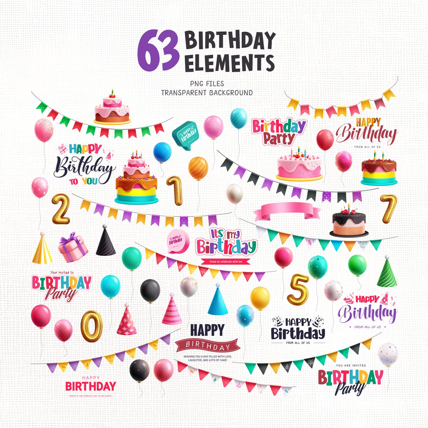 Birthday Clown Clipart PNG Bundle with Party Clown and Decors.
