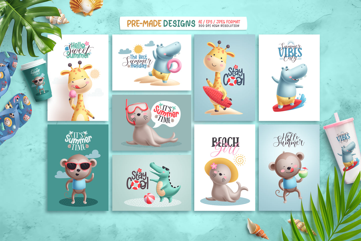 Summer Beach Animals Illustration Bundle