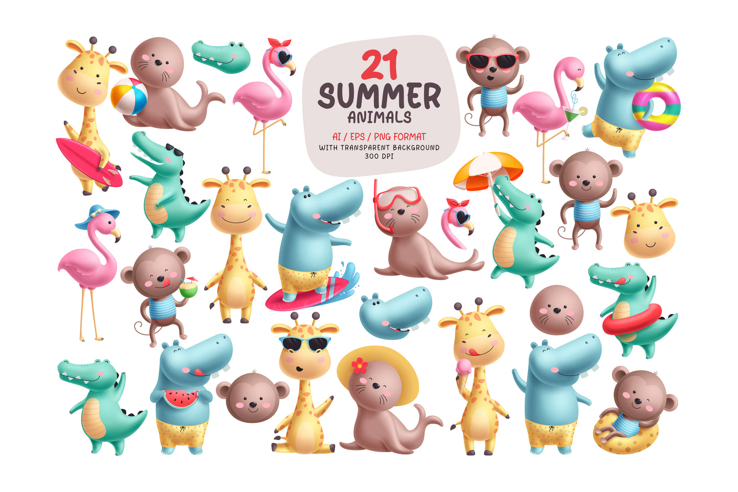 Summer Beach Animals Illustration Bundle