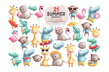 Summer Beach Animals Illustration Bundle