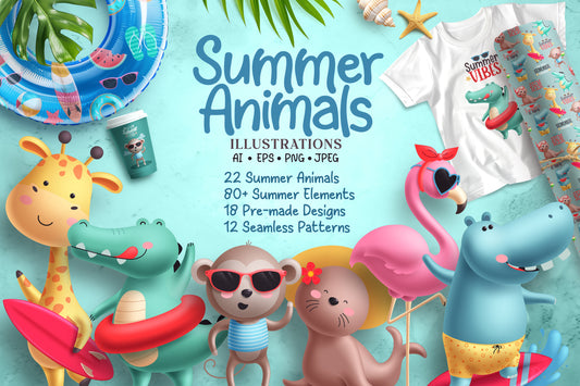 Summer Beach Animals Illustration Bundle