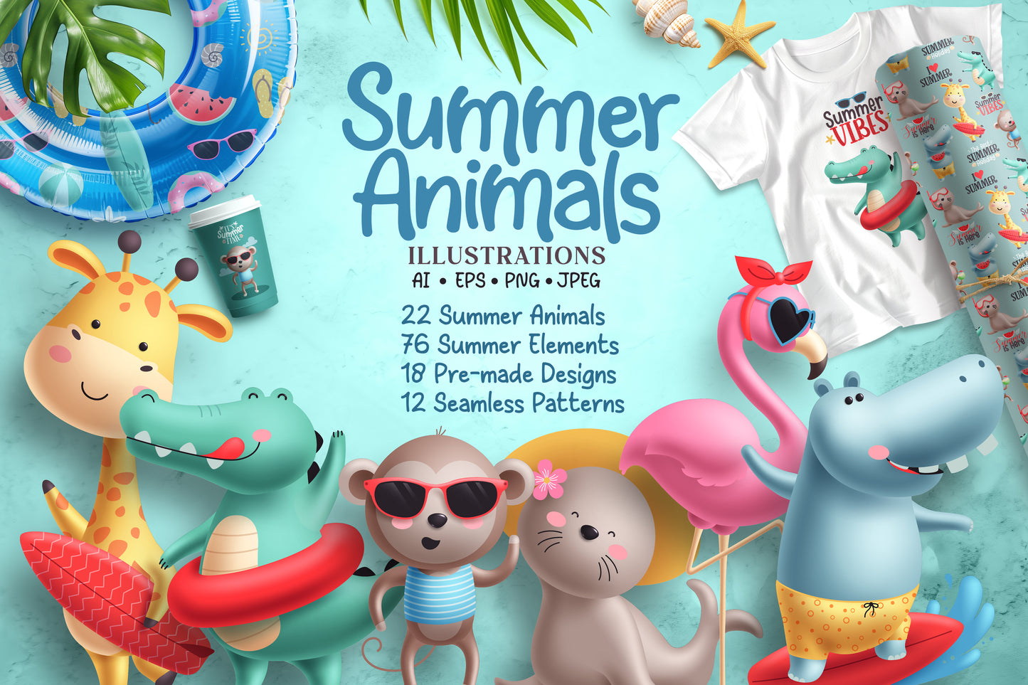 Summer Beach Animals Illustration Bundle