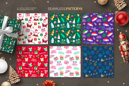 Funny Christmas Santa illustration bundle with a variety of Santa Claus characters, Christmas-themed design elements, seamless patterns and pre-made Christmas cards