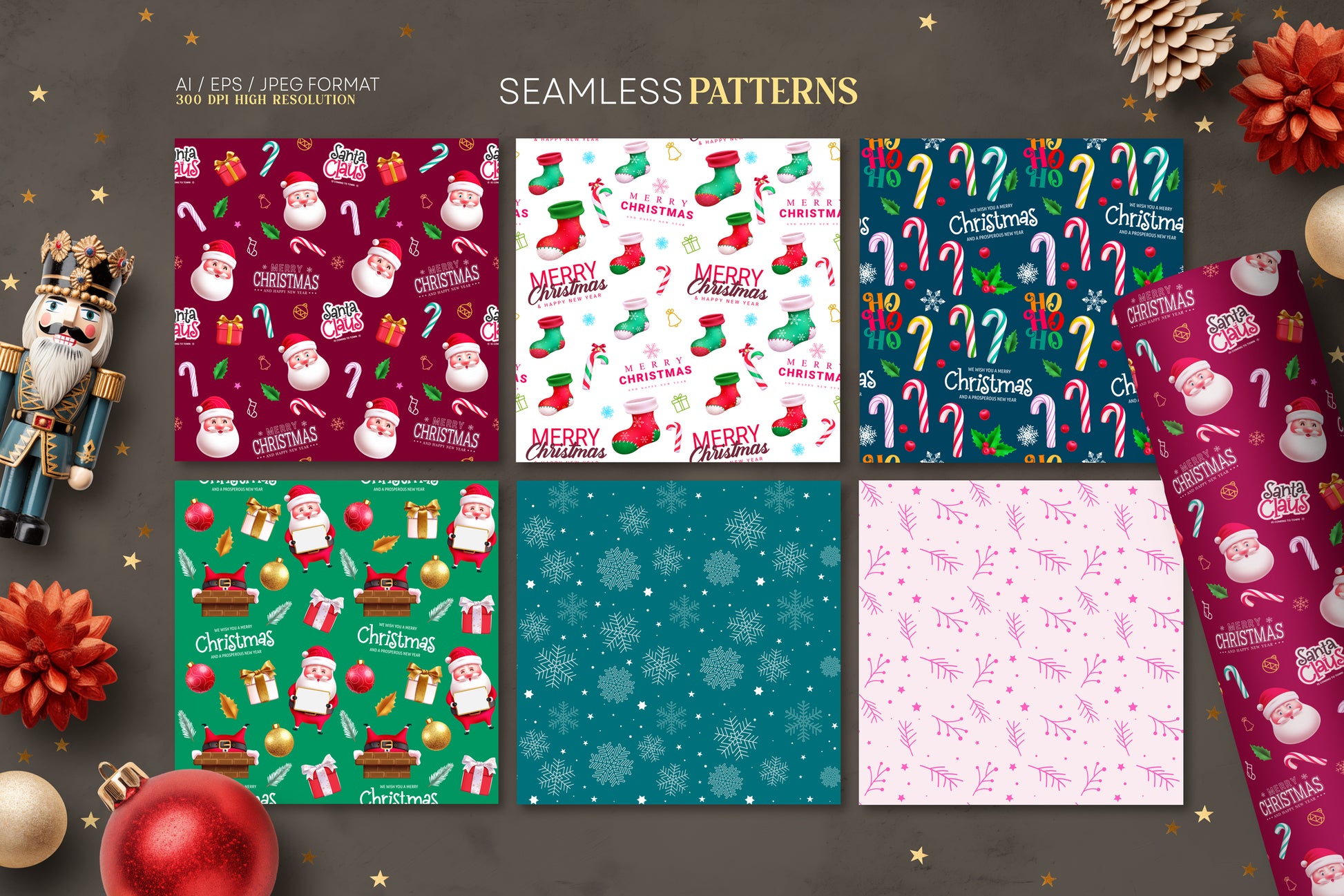 Funny Christmas Santa illustration bundle with a variety of Santa Claus characters, Christmas-themed design elements, seamless patterns and pre-made Christmas cards