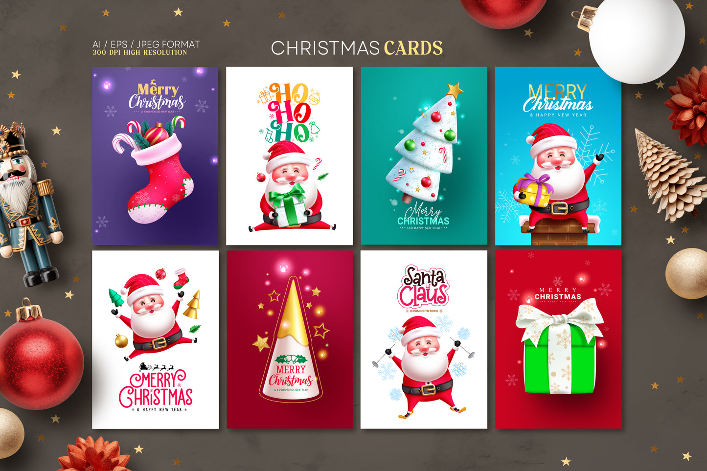 Funny Christmas Santa illustration bundle with a variety of Santa Claus characters, Christmas-themed design elements, seamless patterns and pre-made Christmas cards