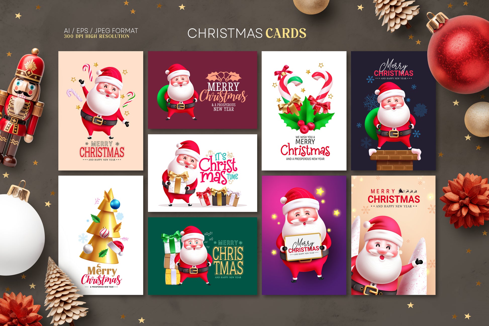 Funny Christmas Santa illustration bundle with a variety of Santa Claus characters, Christmas-themed design elements, seamless patterns and pre-made Christmas cards