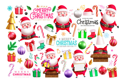 Funny Christmas Santa illustration bundle with a variety of Santa Claus characters, Christmas-themed design elements, seamless patterns and pre-made Christmas cards