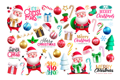 Funny Christmas Santa illustration bundle with a variety of Santa Claus characters, Christmas-themed design elements, seamless patterns and pre-made Christmas cards