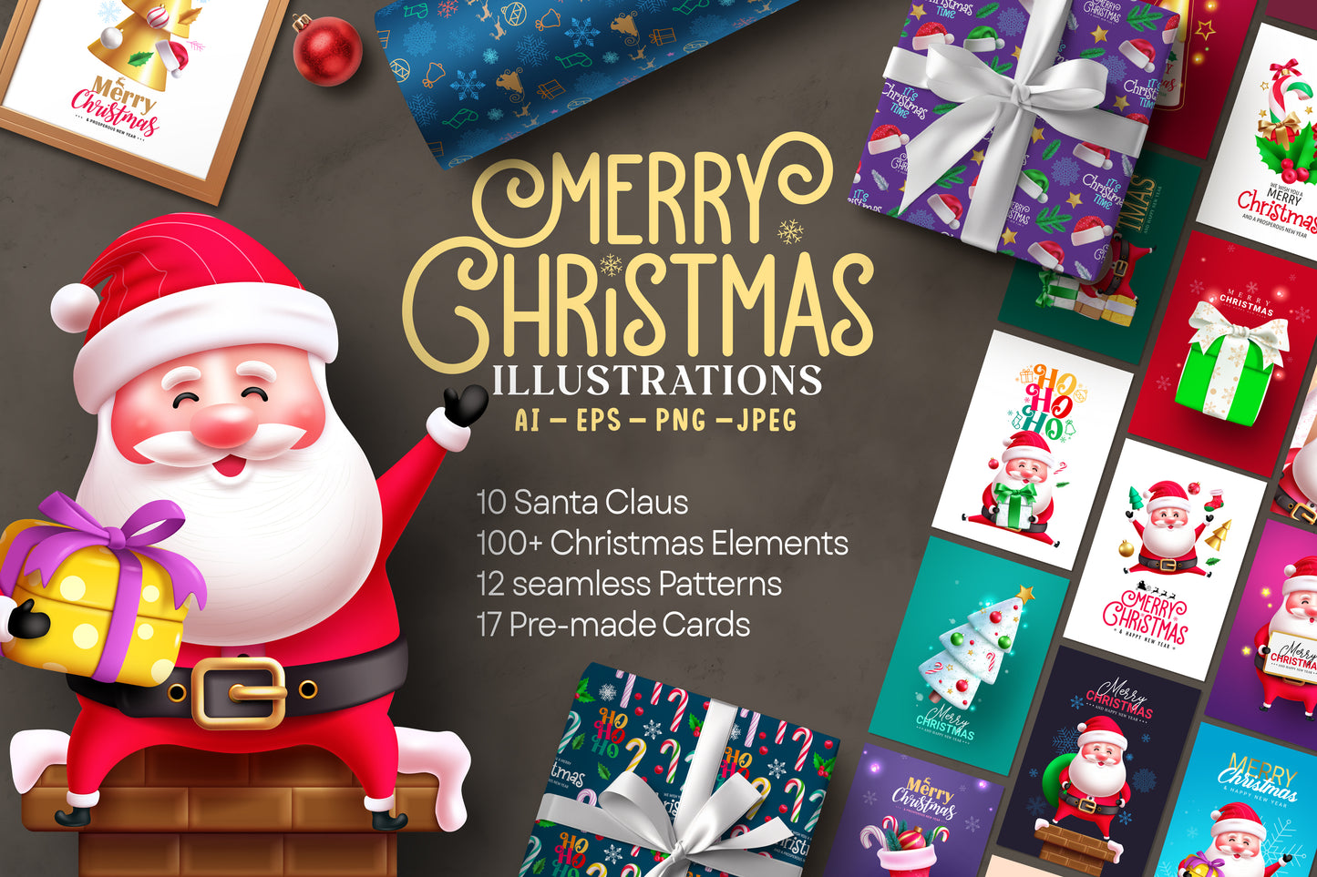 Funny Christmas Santa illustration bundle with a variety of Santa Claus characters, Christmas-themed design elements, seamless patterns and pre-made Christmas cards