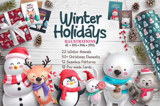 Winter Holiday Animals Illustration Bundle