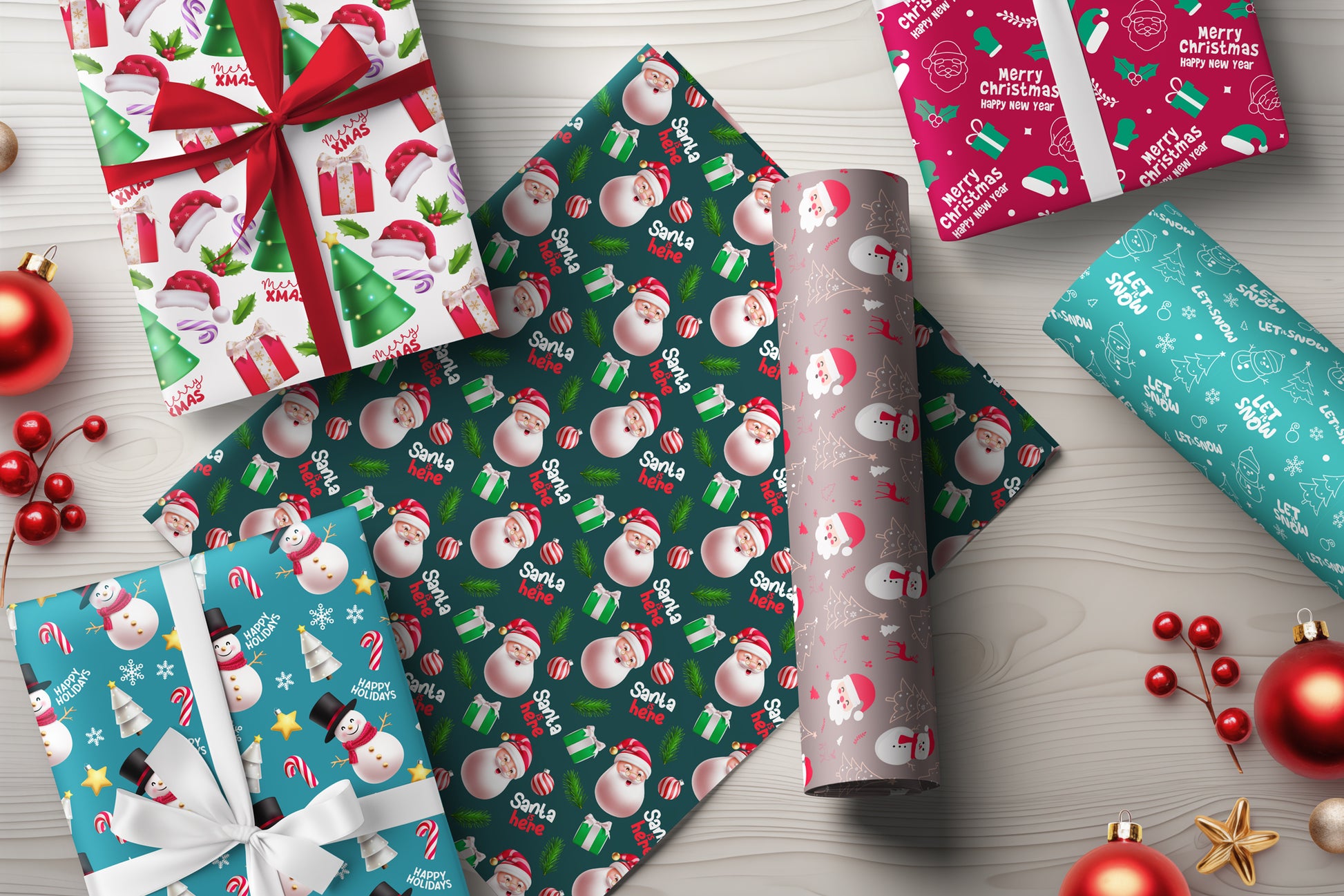 Cute Christmas Santa Claus bundle with a variety of Santa Claus characters, Christmas-themed design elements, seamless patterns and pre-made Christmas cards.