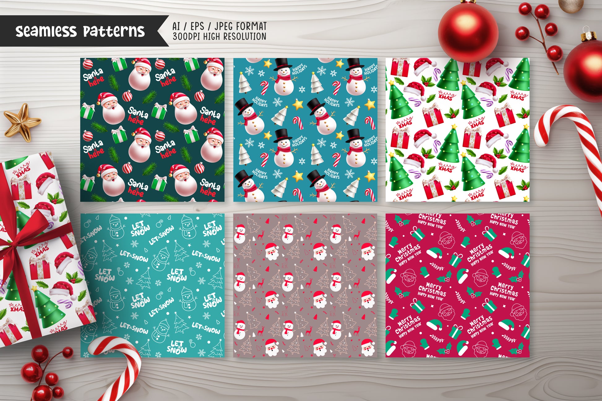 Cute Christmas Santa Claus bundle with a variety of Santa Claus characters, Christmas-themed design elements, seamless patterns and pre-made Christmas cards.