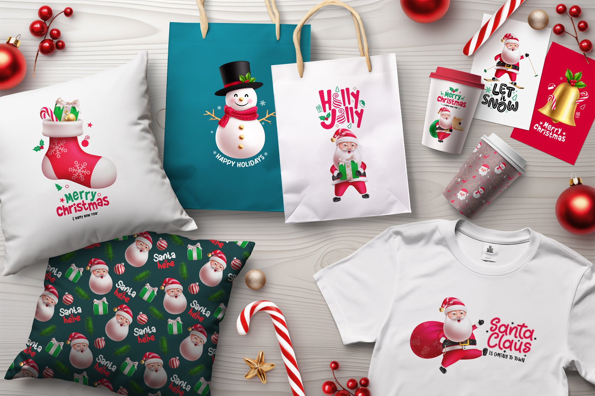 Cute Christmas Santa Claus bundle with a variety of Santa Claus characters, Christmas-themed design elements, seamless patterns and pre-made Christmas cards.