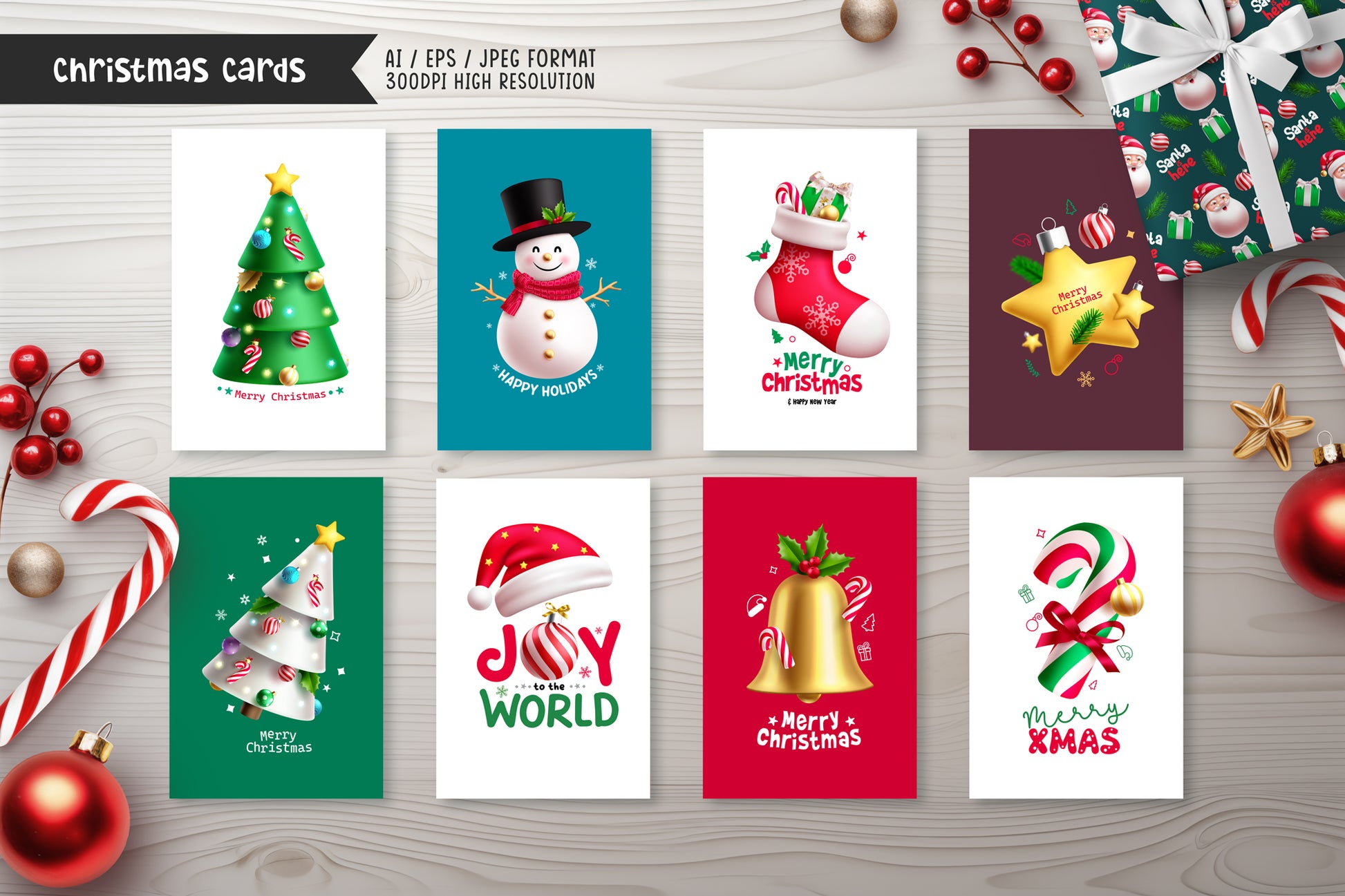 Cute Christmas Santa Claus bundle with a variety of Santa Claus characters, Christmas-themed design elements, seamless patterns and pre-made Christmas cards.