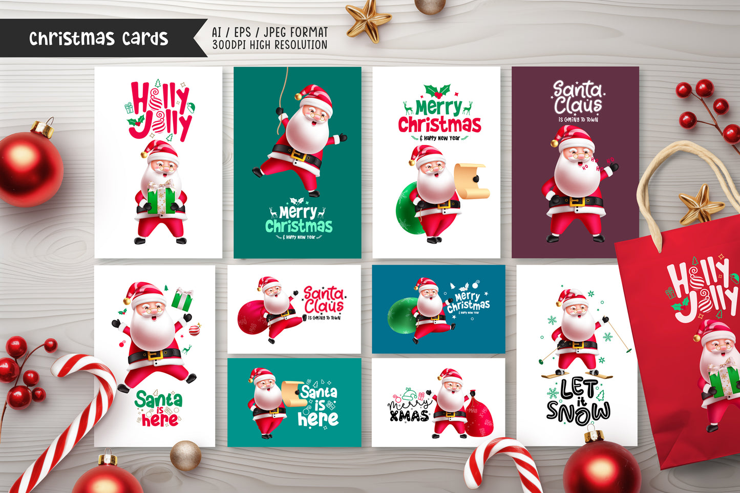 Cute Christmas Santa Claus bundle with a variety of Santa Claus characters, Christmas-themed design elements, seamless patterns and pre-made Christmas cards.