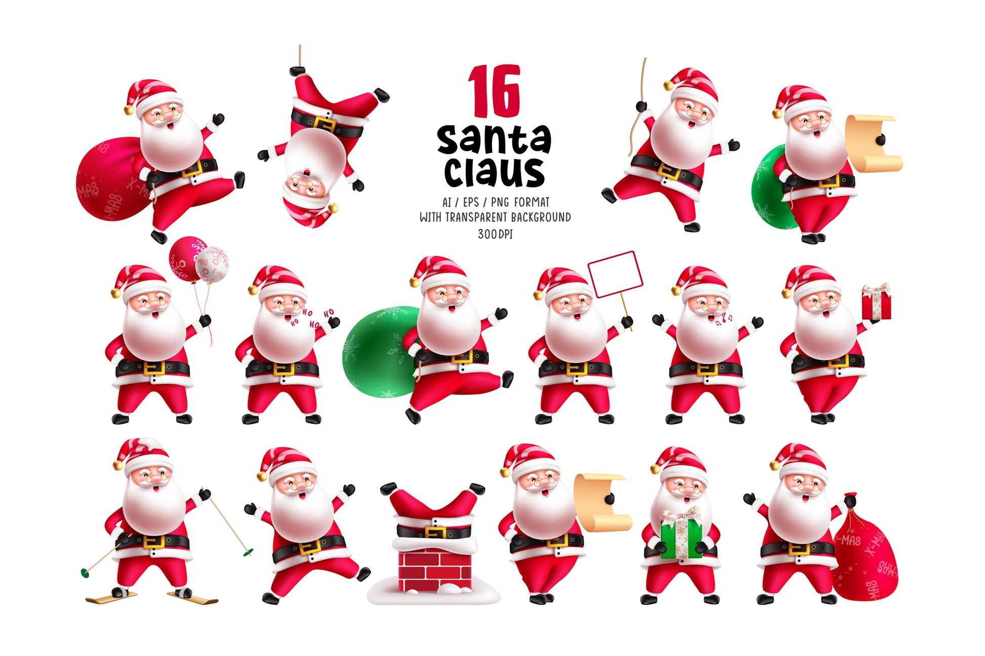 Cute Christmas Santa Claus bundle with a variety of Santa Claus characters, Christmas-themed design elements, seamless patterns and pre-made Christmas cards.