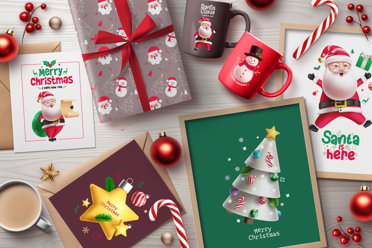 Cute Christmas Santa Claus bundle with a variety of Santa Claus characters, Christmas-themed design elements, seamless patterns and pre-made Christmas cards.