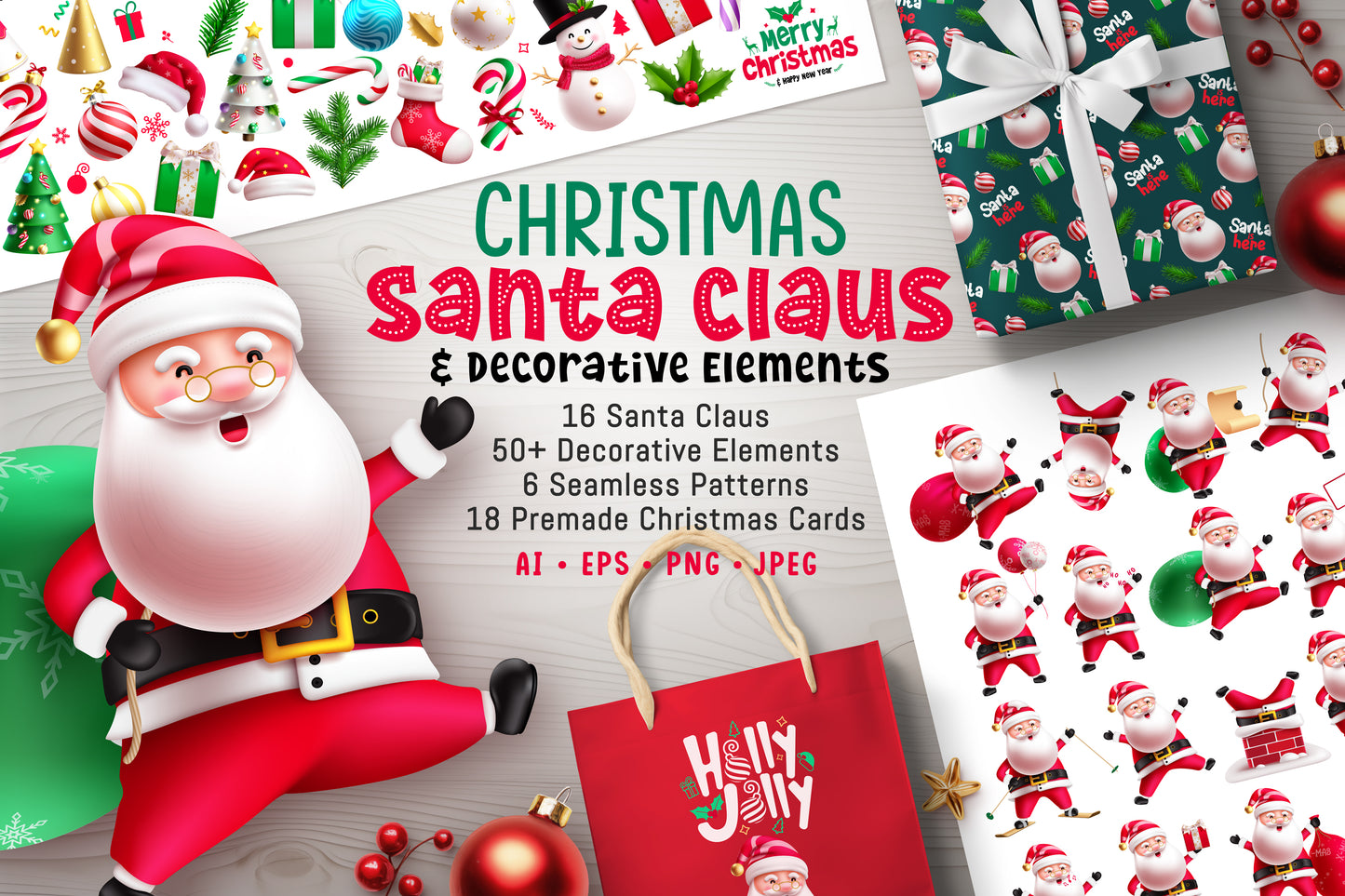 Cute Christmas Santa Claus bundle with a variety of Santa Claus characters, Christmas-themed design elements, seamless patterns and pre-made Christmas cards.