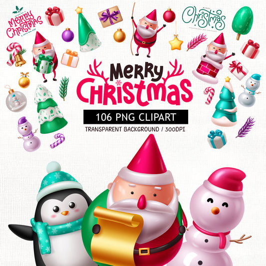 Glossy Christmas PNG Clipart Bundle with Cute Santa Claus