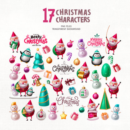 Glossy Christmas PNG Clipart Bundle with Cute Santa Claus