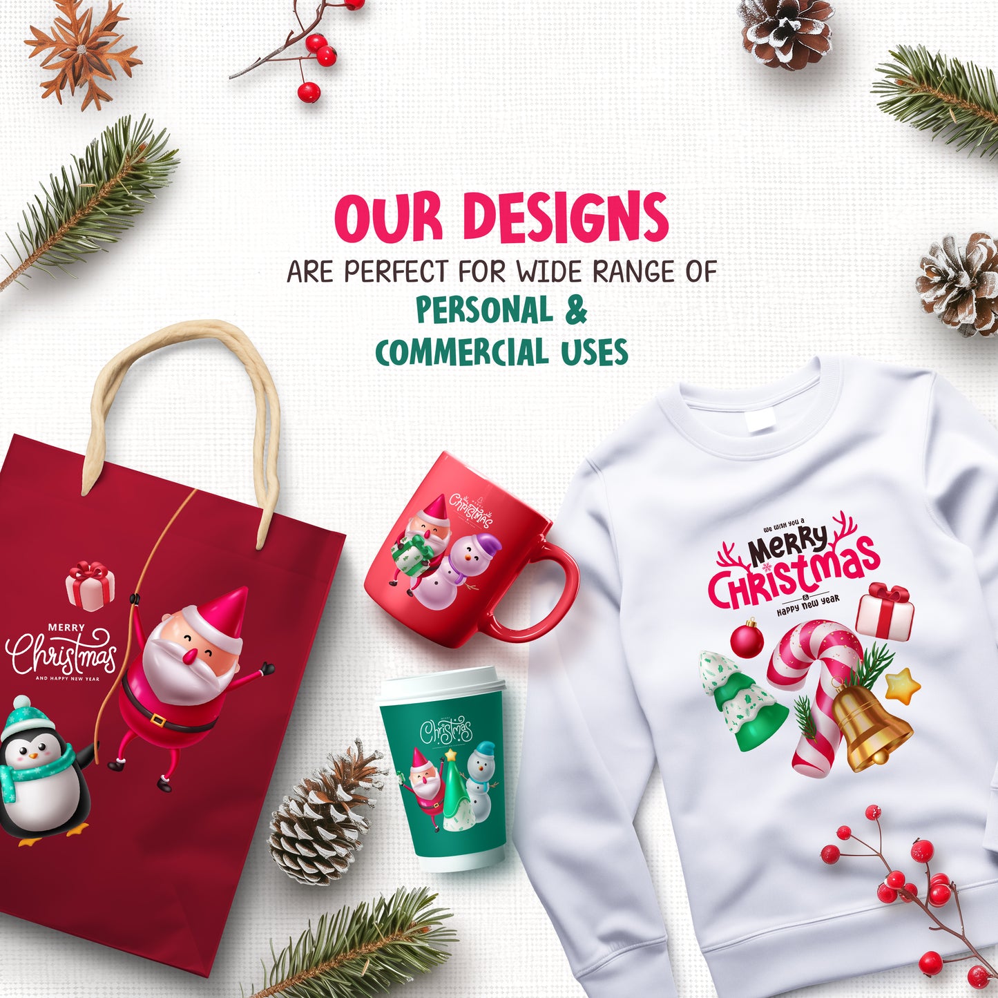Glossy Christmas PNG Clipart Bundle with Cute Santa Claus