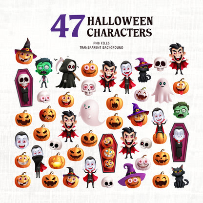 Halloween Clipart Characters PNG Bundle