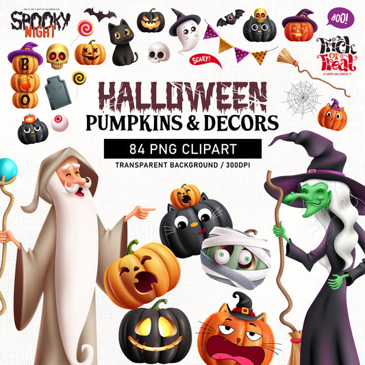 Halloween Pumpkin Clipart PNG Bundle with Halloween Characters