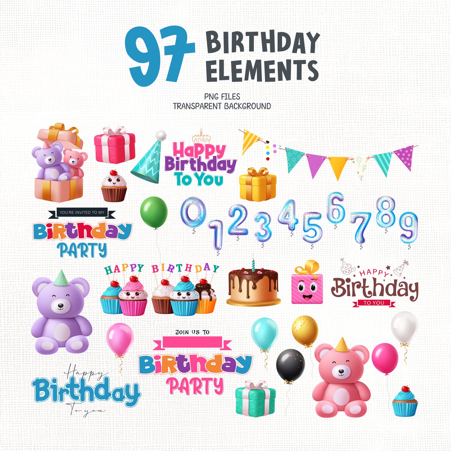 Happy Birthday Clipart PNG Bundle with Gifts and Decors.
