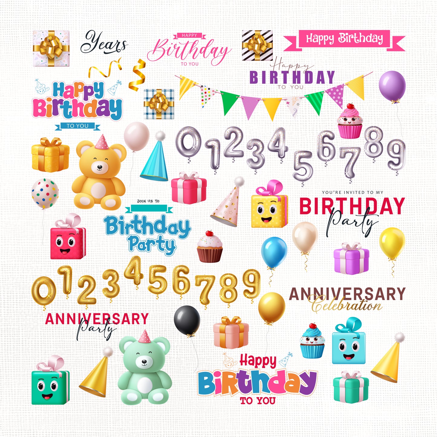 Happy Birthday Clipart PNG Bundle with Gifts and Decors.