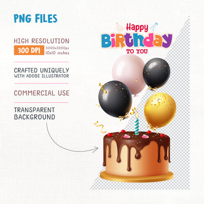 Happy Birthday Clipart PNG Bundle with Gifts and Decors.