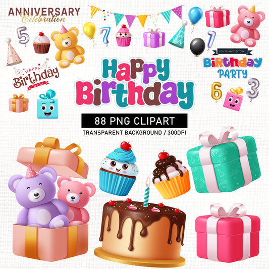 Happy Birthday Clipart PNG Bundle with Gifts and Decors.