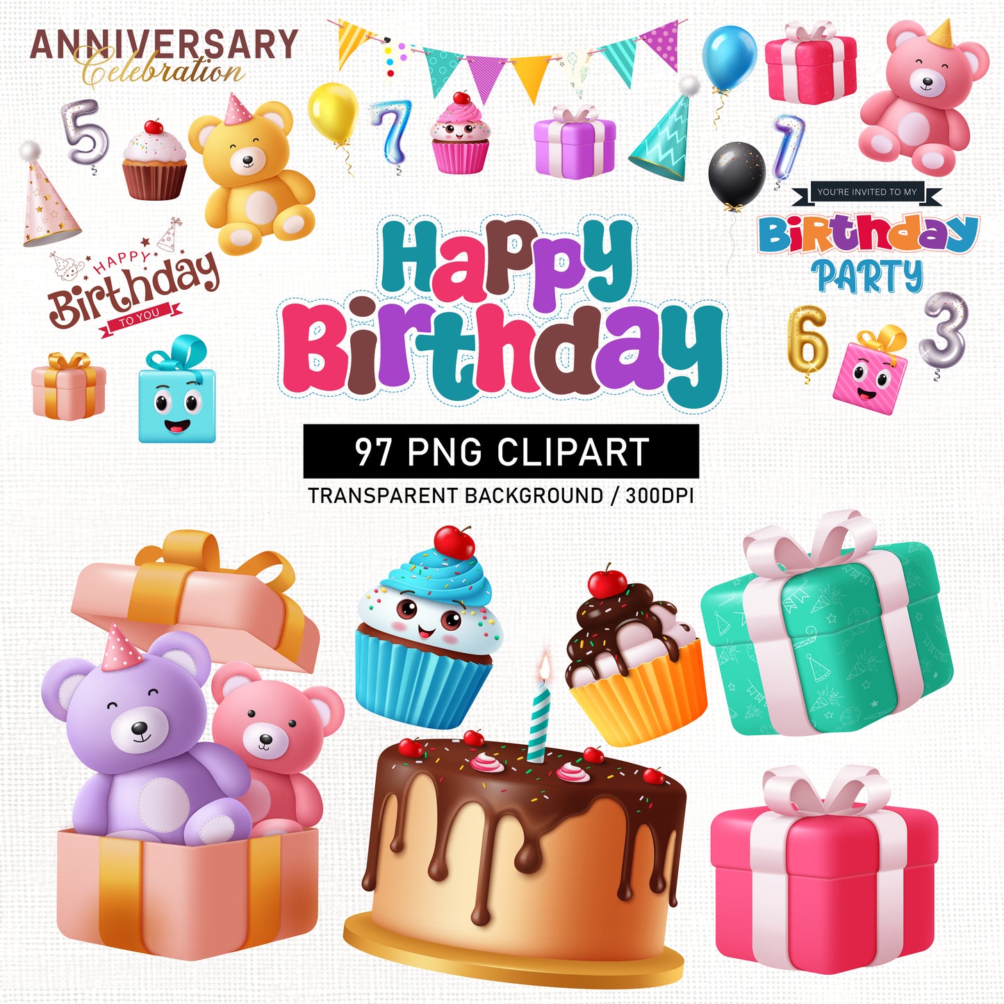 Happy Birthday Clipart PNG Bundle with Gifts and Decors.