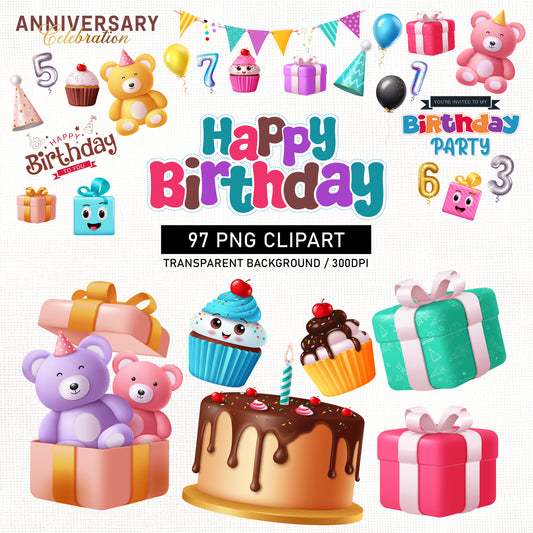 Happy Birthday Clipart PNG Bundle with Gifts and Decors.