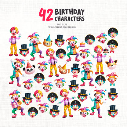 Birthday Clown Clipart PNG Bundle with Party Clown and Decors.
