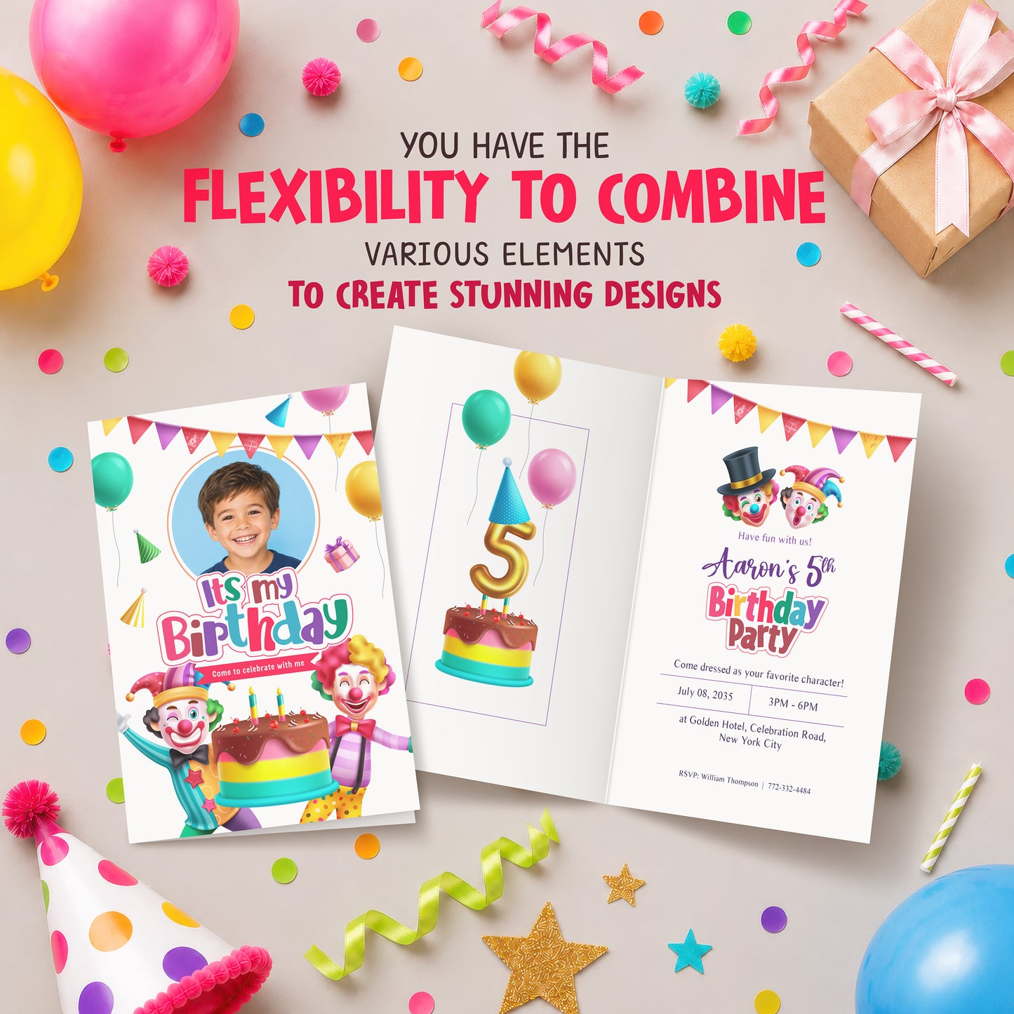 Birthday Clown Clipart PNG Bundle with Party Clown and Decors.