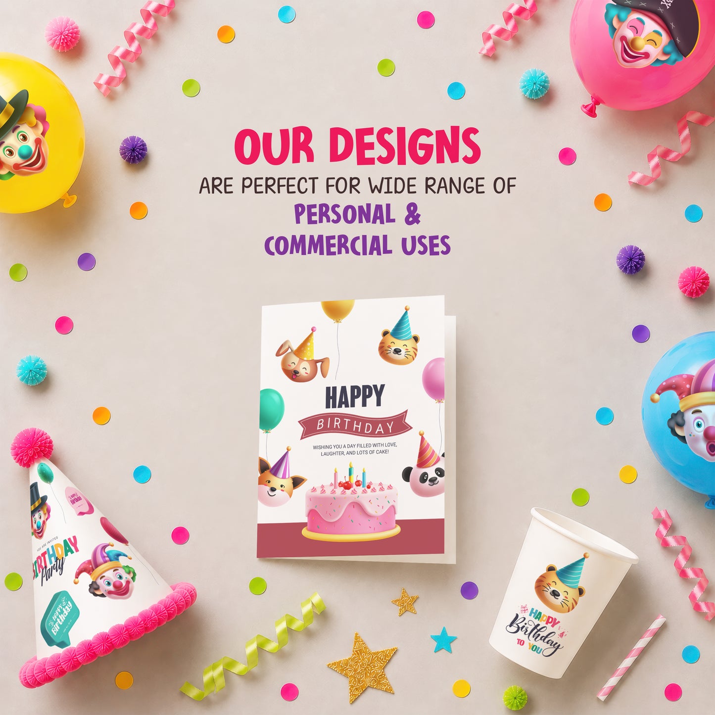 Birthday Clown Clipart PNG Bundle with Party Clown and Decors.