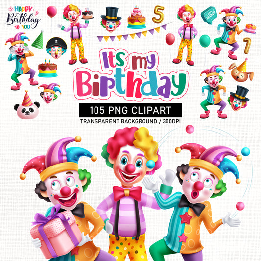 Birthday Clown Clipart PNG Bundle with Party Clown and Decors.
