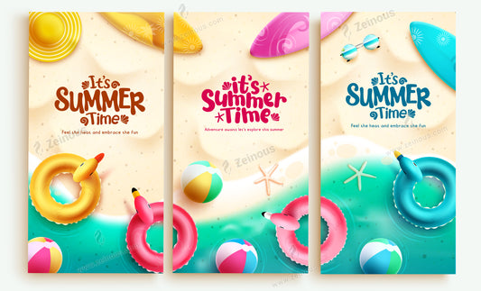 It's summer time poster vector designs. It's summer time text in tropical outdoor beach sand background. Vector illustration banner lay out collection.