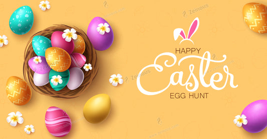 Happy easter greeting vector design. Happy easter greeting card with colorful cute eggs and nest decoration elements in yellow background Vector illustration easter egg hunt kids party celebration.