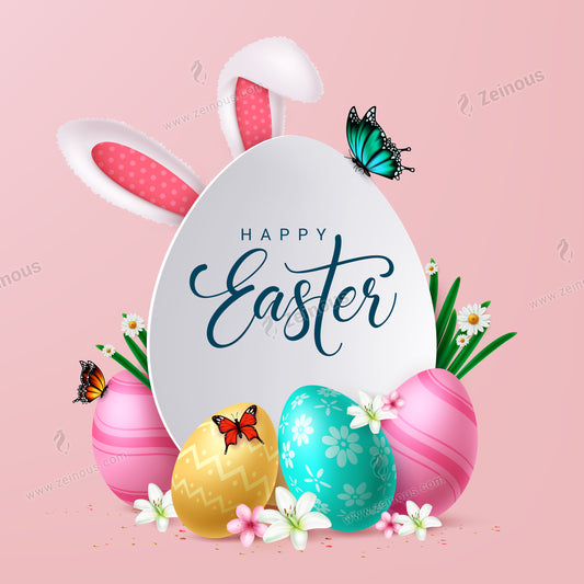 Happy easter greeting card template. Happy easter greeting card with egg board space for typography, bunny ears and colorful eggs for kids fun hunt celebration concept. Vector illustration eater egg greeting card.