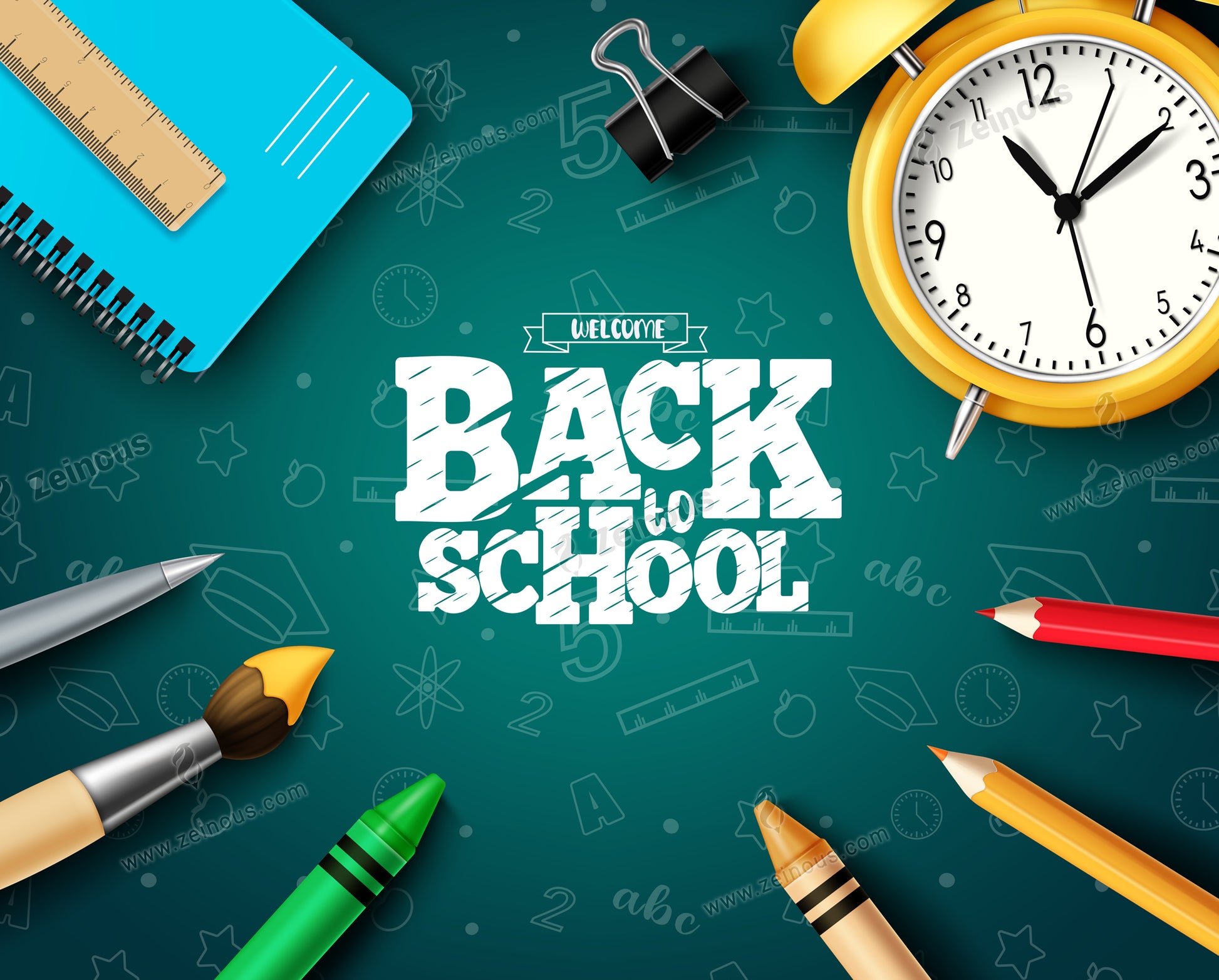 Back to school vector design. School back typography in chalkboard space and doodle background with students supplies. Vector illustration welcome education greeting design.