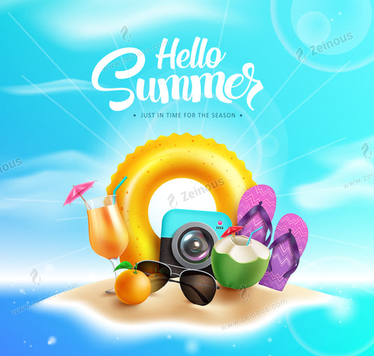 Hello summer vector illustration. Hello summer text with beach elements like floater, camera and flipflop in island background. Vector illustration summer season greeting design.